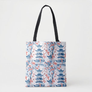 Bolsa Tote Pagoda Chinesa Aquarela com Flores de Cereja (5)