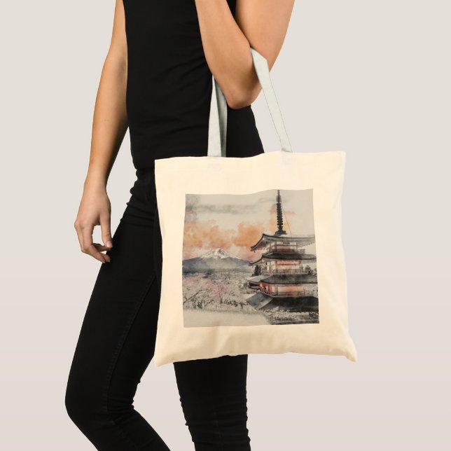 Bolsa Tote Pagode Japonesa em Aquarela & Fuji (Frente (produto))