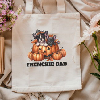 Bolsa Tote Pai Bulldog Francês no Halloween com Abóboras