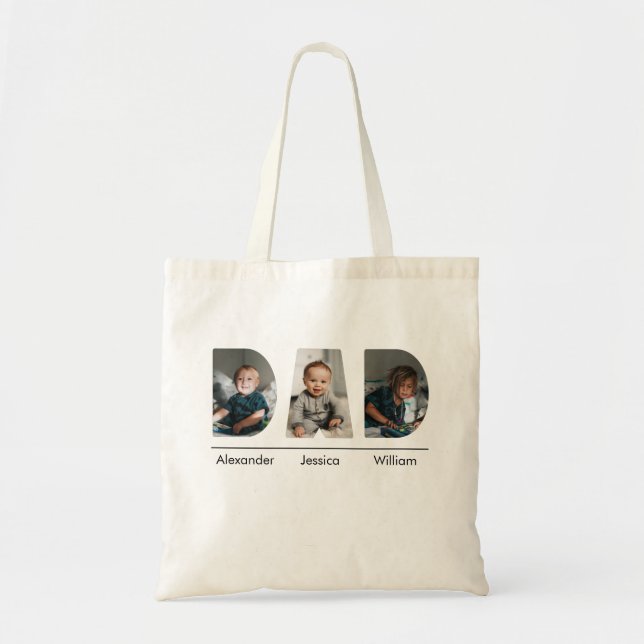Bolsa Tote Pai com foto e nome personalizados de 3 crianças (Frente)