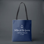 Bolsa Tote Pai feito sob encomenda do casamento náutico da<br><div class="desc">Surpreenda o pai do noivo com esta sacola personalizada que caracteriza um design náutico com uma âncora branca ajustada contra um fundo do marinho. Personalize adicionando seu nome e sua data do casamento. Um grande tamanho para fundamentos wedding: roupa, calçados, petiscos, água, etc. extra. O perfeito ir-ao saco para um...</div>