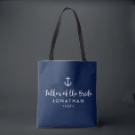 Bolsa Tote Pai feito sob encomenda do casamento náutico da<br><div class="desc">Surpreenda o pai da noiva com esta sacola personalizada que caracteriza um design náutico com uma âncora branca ajustada contra um fundo do marinho. Personalize adicionando seu nome e sua data do casamento. Um grande tamanho para fundamentos wedding: roupa, calçados, petiscos, água, etc. extra. O perfeito ir-ao saco para um...</div>