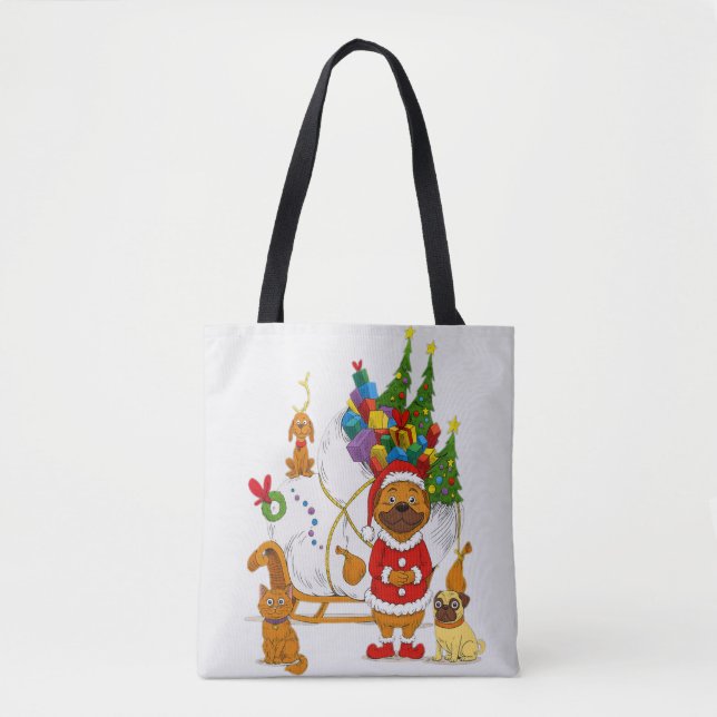 Bolsa Tote Pai Natal Pug Trenó de Natal (Frente)