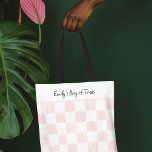 Bolsa Tote Painted Pink Checkerboard Pattern Personalized<br><div class="desc">This tote bag has a pretty pattern of painted pink squares and plain white squares arranged in a checkerboard print. There's a spot at the top of the bag for adding a name or your own custom message in black script lettering.</div>