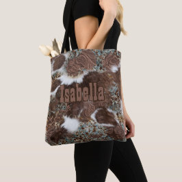 Bolsa Tote País Ocidental Cowgirl Cowhide Brown Leather Name