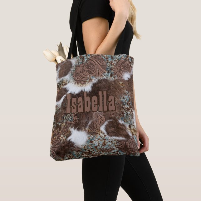 Bolsa Tote País Ocidental Cowgirl Cowhide Brown Leather Name (Close Up)