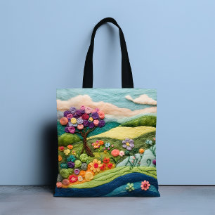 Bolsa Tote Paisagem Campestre Floral Colorida em Feltro Falso