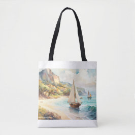 Bolsa Tote Paisagem com mar e navios à vela