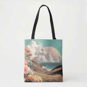 Bolsa Tote Paisagem Costeira Surrealista Com Flores E Nuvens