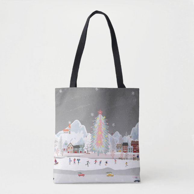 Bolsa Tote Paisagem de inverno: celebrações noturnas da vila. (Frente)