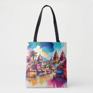 Bolsa Tote Paisagem de Templo Vibrante - Arte de Aquarela