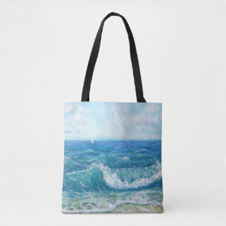 Bolsa Tote Paisagem de verão, ondas azuis, pintura acrílica.