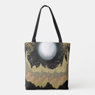 Bolsa Tote Paisagem Montanhosa Dourada da Lua Mística Moderna