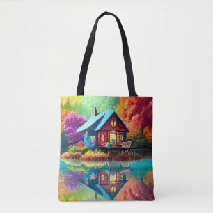 Bolsa Tote Paisagem natural com lago, algodão, outono