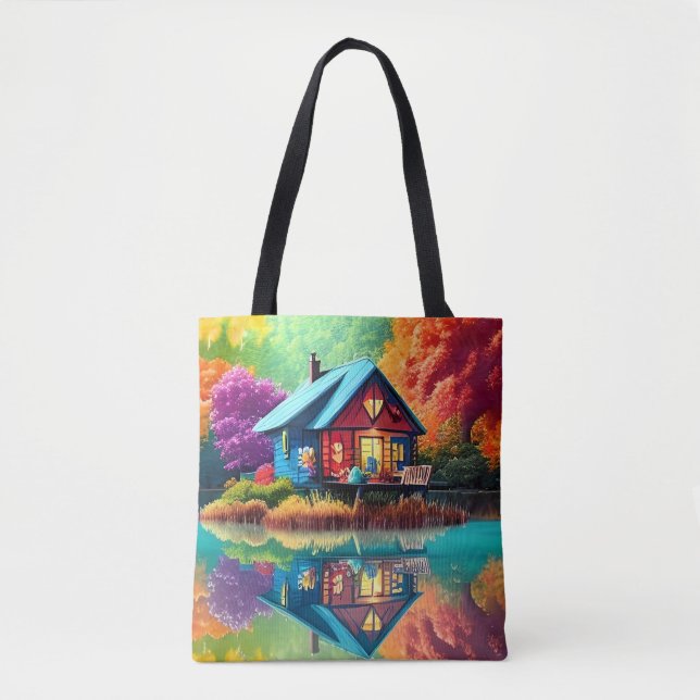 Bolsa Tote Paisagem natural com lago, algodão, outono (Frente)