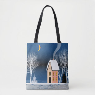 Bolsa Tote Paisagem noturna de inverno. Casa Cozy, várias á