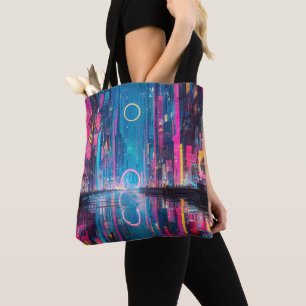 Bolsa Tote Paisagem Noturna Neon Vibrante Futurista da Cidade