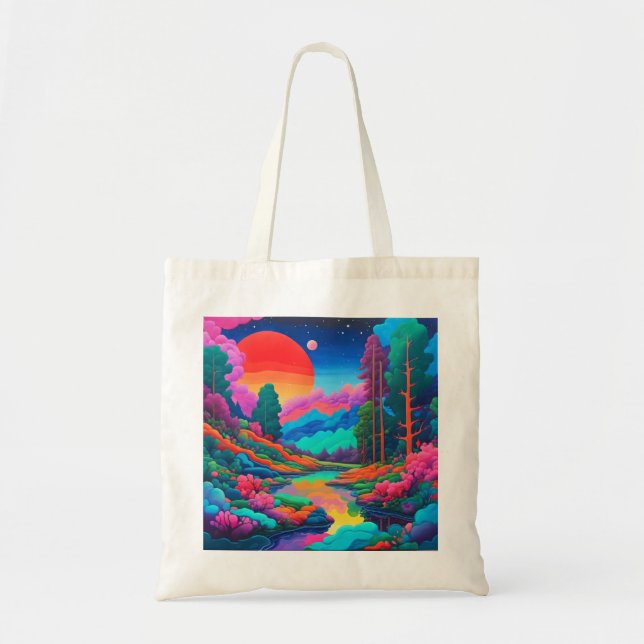 Bolsa Tote Paisagem psicodélica, arte verde rosa (Frente)