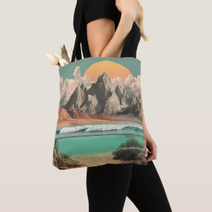 Bolsa Tote Paisagem Surrealista de Oceano e Montanha com Onda