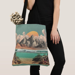 Bolsa Tote Paisagem Surrealista do Oceano e Montanha com Onda