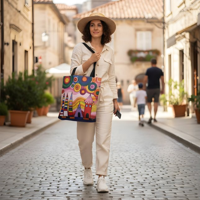 Bolsa Tote Paisagem Urbana Abstrata com Cores Vibr (Criador carregado)