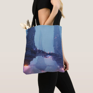 Bolsa Tote Paisagem Urbana Futurista com Estruturas Flutuante