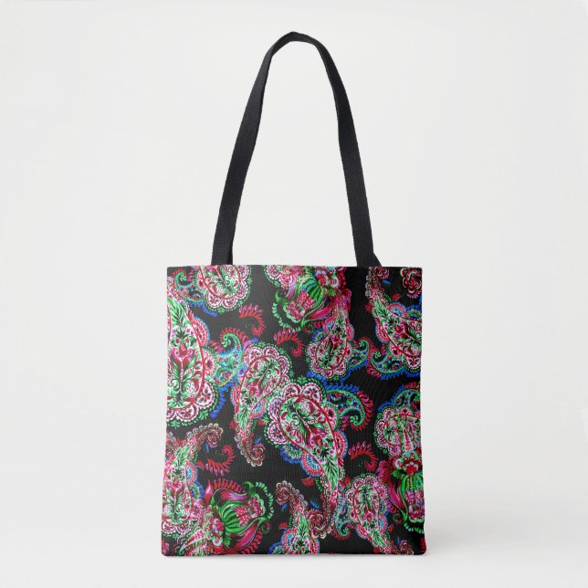 Bolsa Tote Paisley Floral, Fundo Étnico. (Frente)