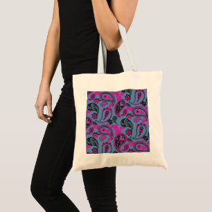 Bolsa Tote Paisley tradicional Linocut vívido, cor-de-rosa, a