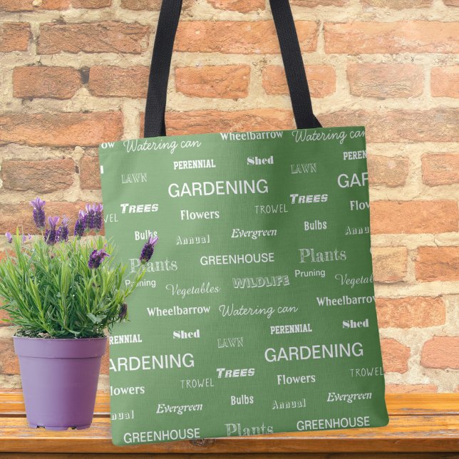 Bolsa Tote Palavras de jardinagem para jardineiros e plantaçõ (With a pattern of gardening themed words in white on green, this tote bag is ideal for garden lovers)