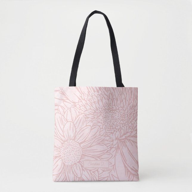 Bolsa Tote Pale Pink Grunge with Name and Chrysanthemums (Frente)