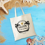 Bolsa Tote Palm Tree Heart Mexico Destino Wedding Welcome<br><div class="desc">Bolsas de boas-vindas ao casamento de destino no México para convidados personalizados com nomes de casais,  data do casamento e local. A ilustração das palmeiras enquadra os detalhes do casamento na praia.</div>