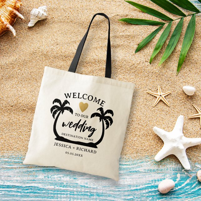 Bolsa Tote Palm Trees Heart Destination Wedding Beach Bem-vin (Criador carregado)
