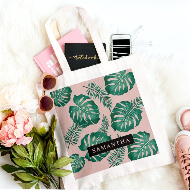 Bolsa Tote Palma rosa tropical e verde deixa padrão e nome (Criador carregado)