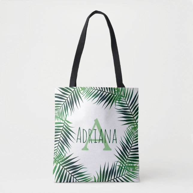 Bolsa Tote Palma Tropical Folhas e Letra Inicial com Nome (Frente)
