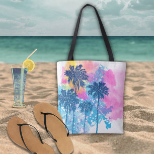 Bolsa Tote Palmas tropicais de cor azul-rosa com aquarelas