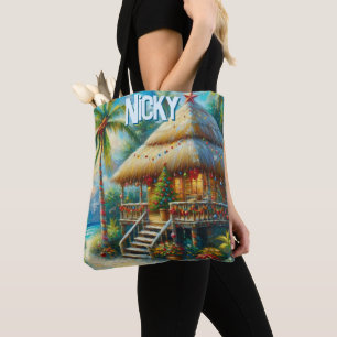 Bolsa Tote Palmeira de Natal Personalizada Tropical Hut