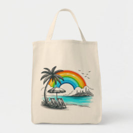 Bolsa Tote Palmeira praia com belo arco-íris
