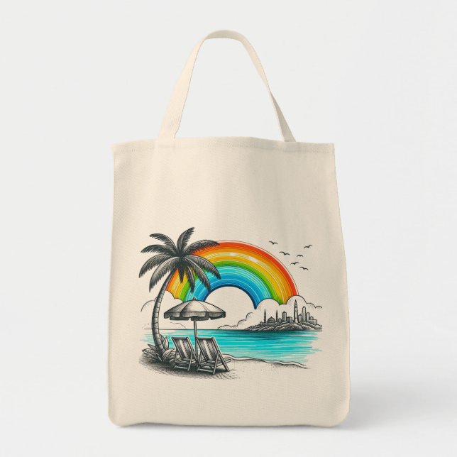 Bolsa Tote Palmeira praia com belo arco-íris (Frente)