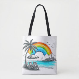Bolsa Tote Palmeira praia com belo arco-íris