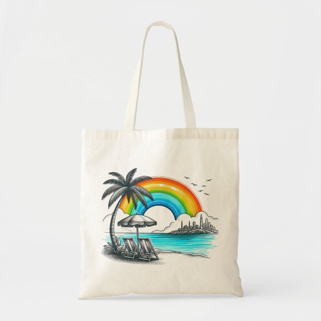 Bolsa Tote Palmeira praia com belo arco-íris (Frente)