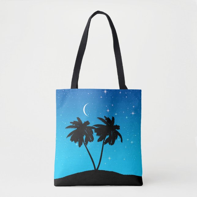 Bolsa Tote Palmeira Silhueta, azul noturno com estrelas (Frente)