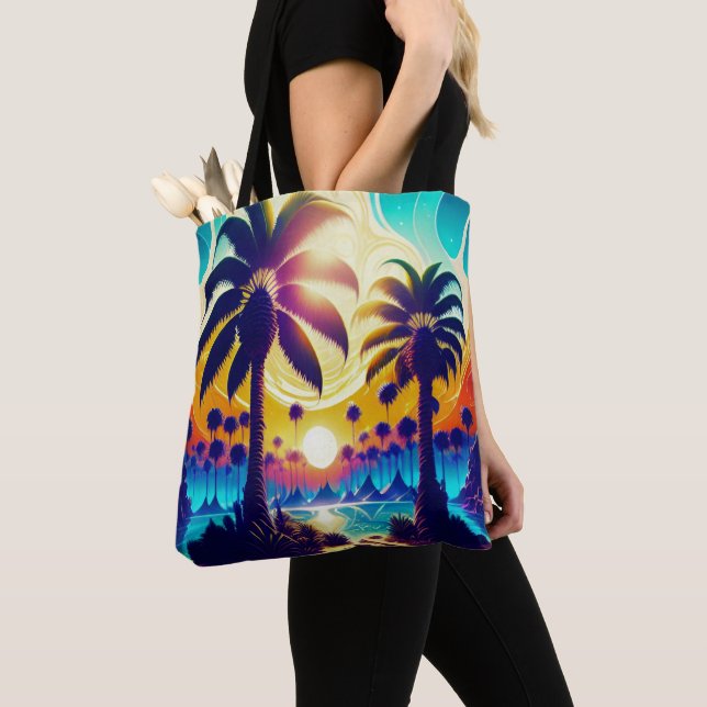 Bolsa Tote Palmeiras em Dourado e Azul Turquesa (Close Up)