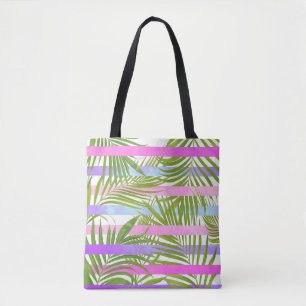 Bolsa Tote Palmeiras tropicais, listras violetas rosa moderna