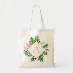 Bolsa Tote Palmeiras tropicais Monogramas Casamento cor-de-ro