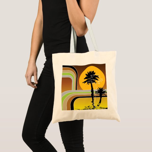Bolsa Tote Palmeiras Tropicais Retro Beach Sunset Stripes Mod (Frente (produto))
