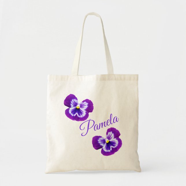 Bolsa Tote Pamela, Nome, Com Violetas Roxas, (Frente)
