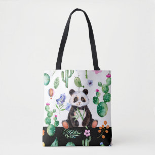 Bolsa Tote Panda Bonita Com Pássaro Verde E Padrão De Cactu
