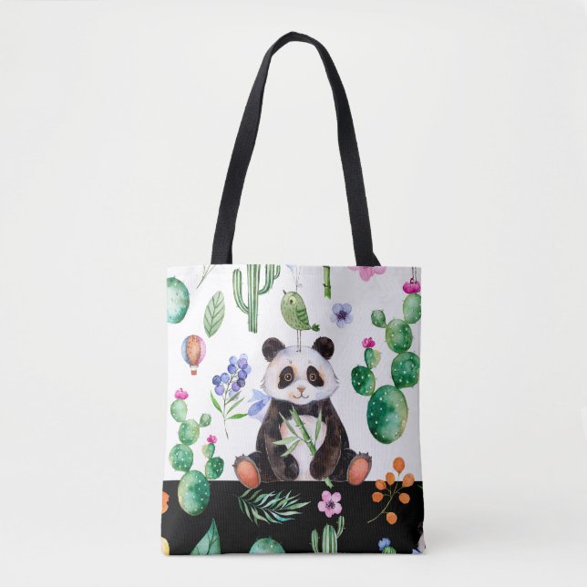 Bolsa Tote Panda Bonita Com Pássaro Verde E Padrão De Cactus (Frente)