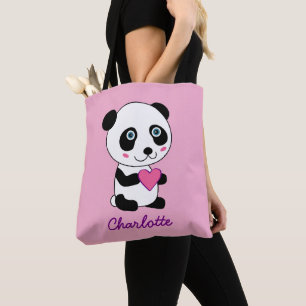 Bolsa Tote Panda bonita com um nome personalizado cor-de-rosa