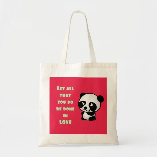 Bolsa Tote Panda com citação de amor inspiracional (Frente)